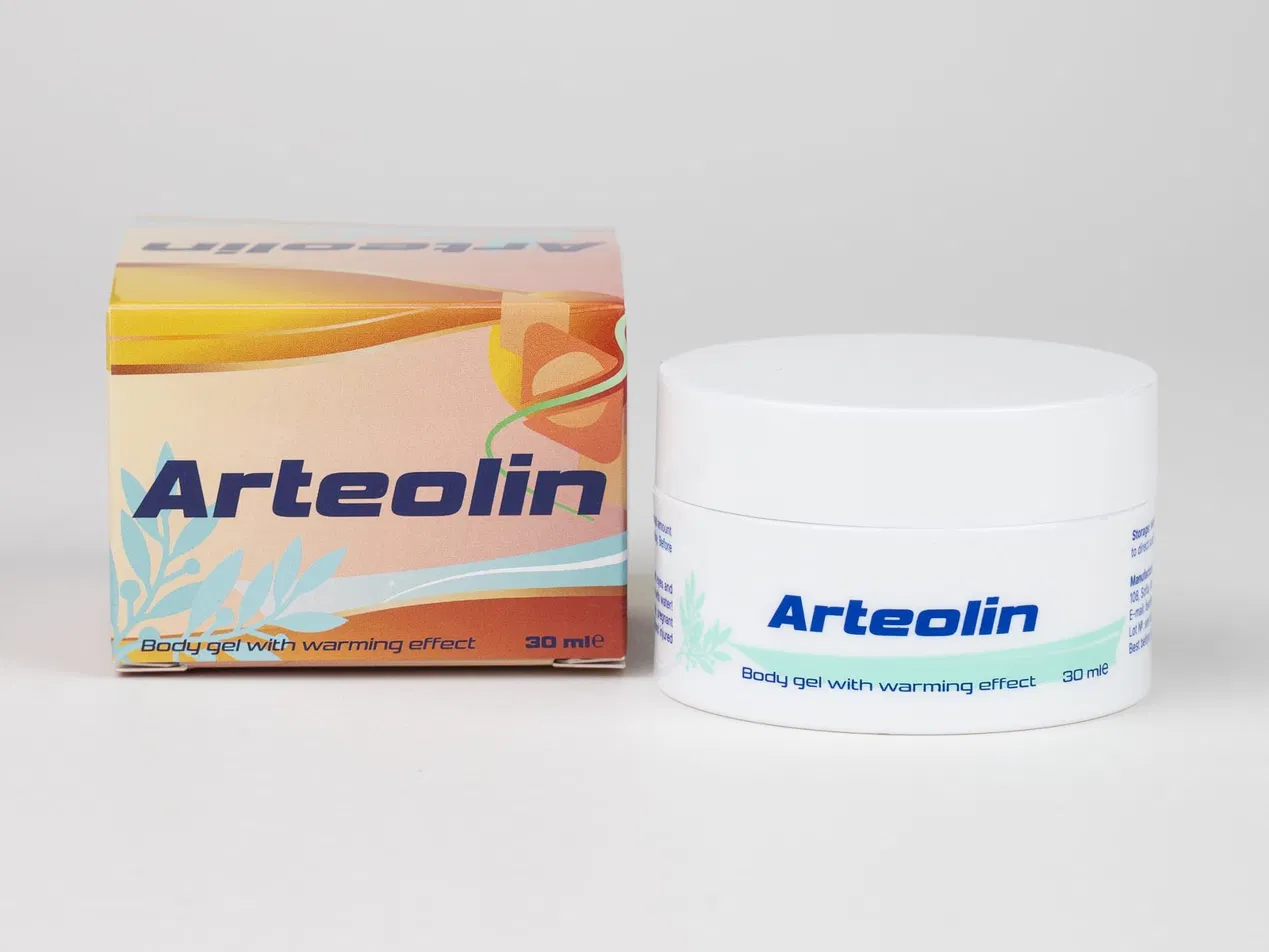 Arteolin testgél: barack- és narancsszínű doboz és fehér, 30 ml-es tégely mentazöld csíkkal, világosszürke háttér előtt