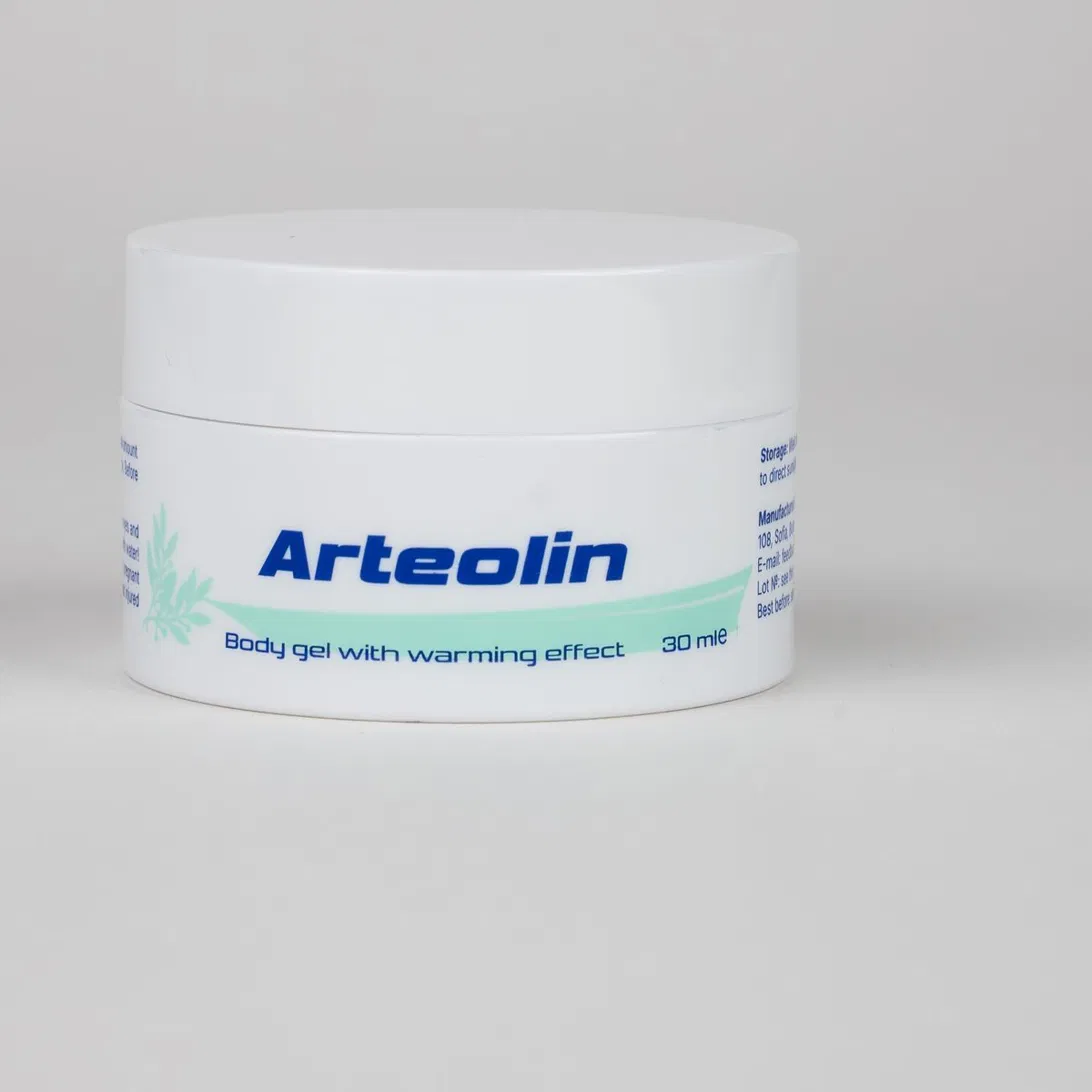 Zárt, fehér 30 ml-es Arteolin tégely elölnézetben, kék felirattal és mentazöld csíkkal, világosszürke háttéren